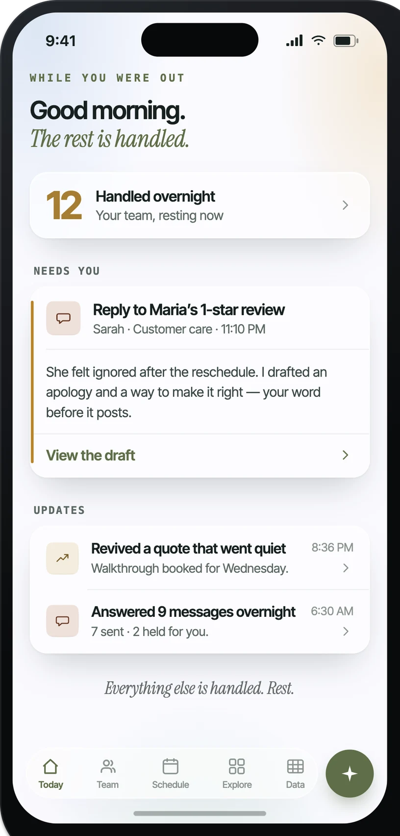 Automola product screenshot showing handled work, a held approval, and receipts